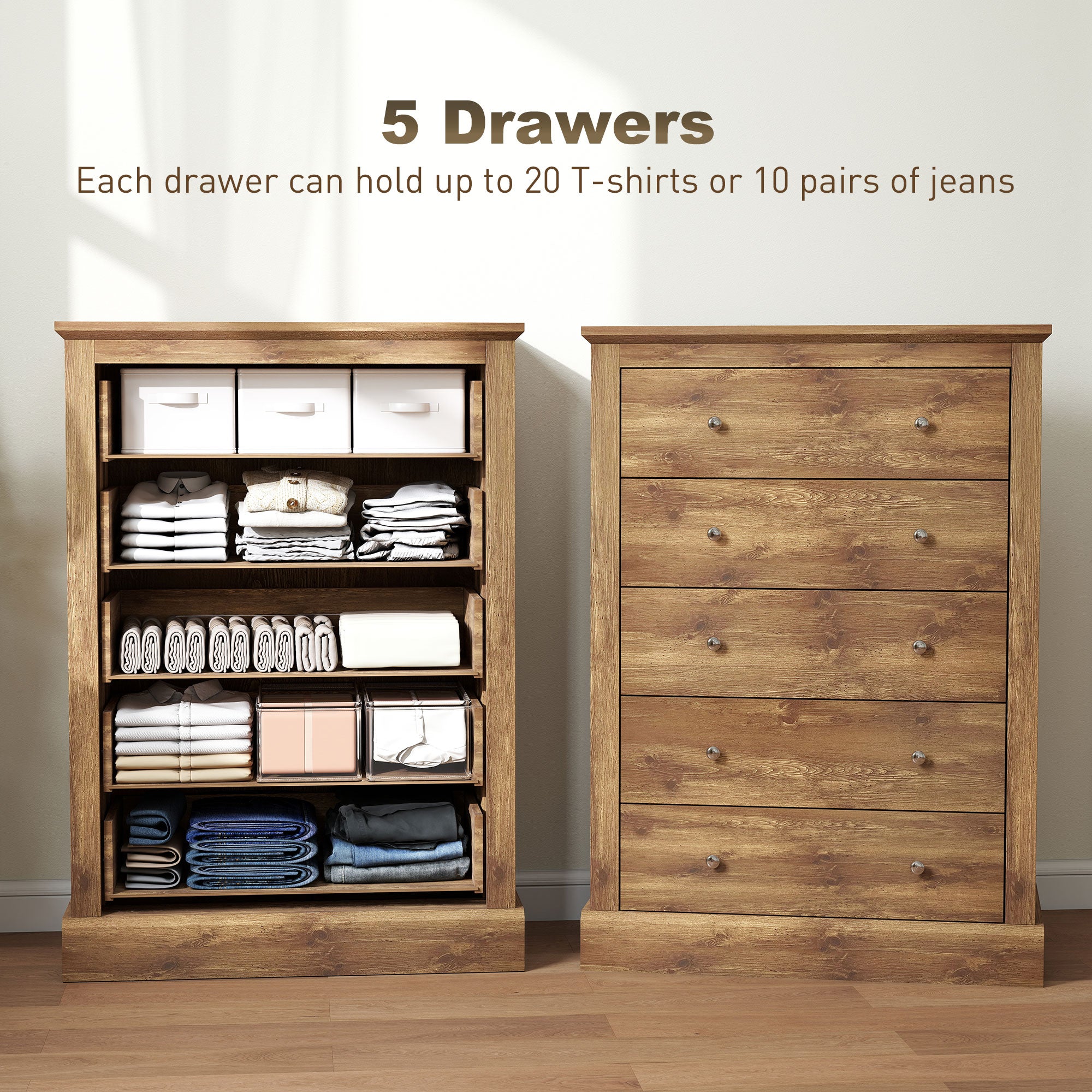 Cómoda de Granja Ancha de 31 Pulgadas con 5 Cajones, Mueble para Dormitorio con Superficie de Madera para Sala de Estar, Marrón
