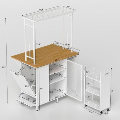 Isla de Cocina con Espacio de Almacenamiento, Barra de Desayuno con Panel Plegable Levadizo, Estantes y Cajones de Gabinete de Almacenamiento Grande, Mesa Grande de Barra de Café con Ganchos, Blanca