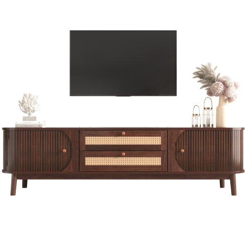 Mueble de TV de Ratán para TVs Hasta 75'', Consola de Medios Moderna Estilo Granja, Centro de Entretenimiento con Patas de Madera Maciza, Gabinete de TV para Sala de Estar, Cine en Casa