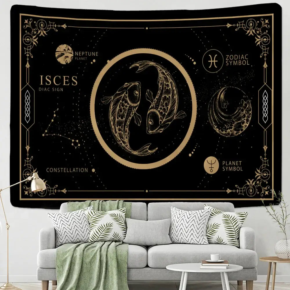Black and gold pisces constellation tarot tapestry with intricate celestial designs for decorbites constellation tarot decor