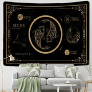 Black and gold pisces constellation tarot tapestry with intricate celestial designs for decorbites constellation tarot decor