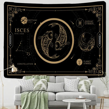 Black and gold pisces constellation tarot tapestry with intricate celestial designs for decorbites constellation tarot decor