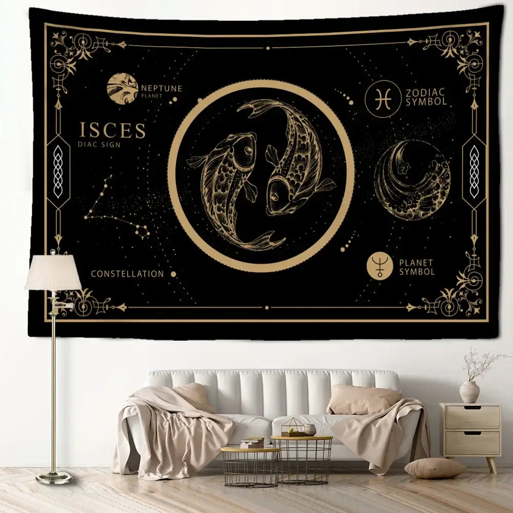 Celestial black and gold pisces constellation tarot tapestry with intricate celestial designs for bedroom decorbites constellation tarot