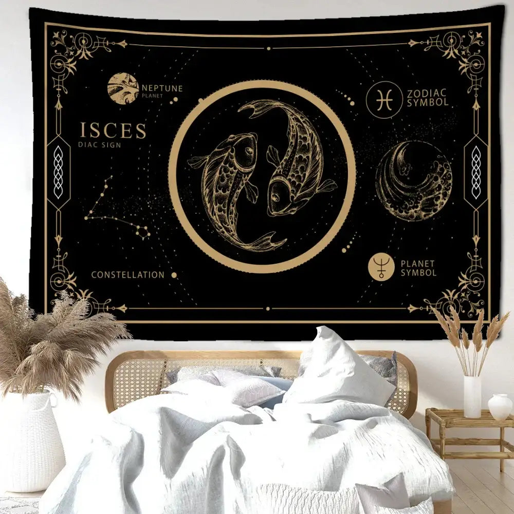 Celestial black and gold pisces constellation tarot tapestry featuring intricate celestial designs for bedroom decorbites decor