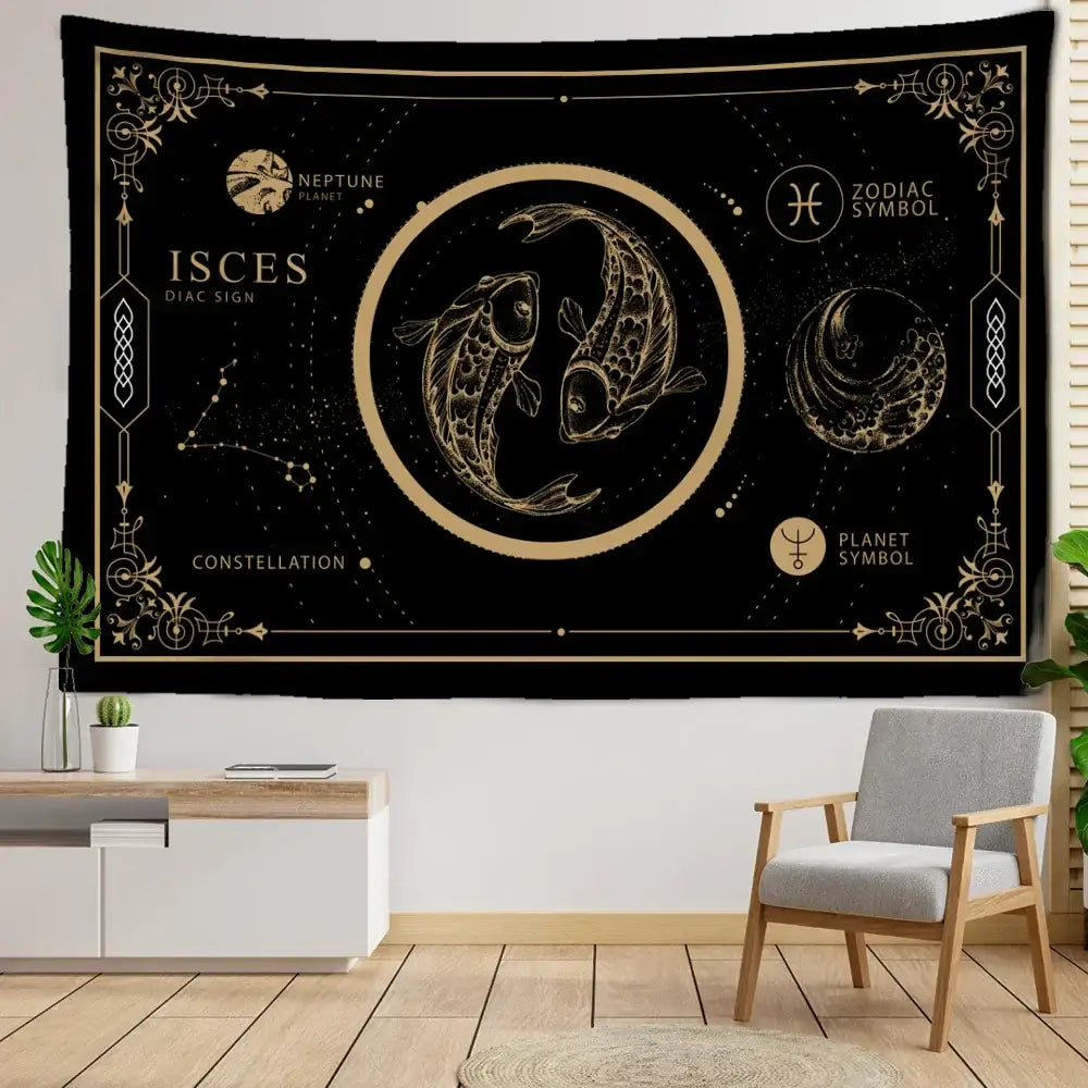Black and gold Pisces constellation tarot tapestry featuring intricate celestial designs for decorbites constellation tarot decor