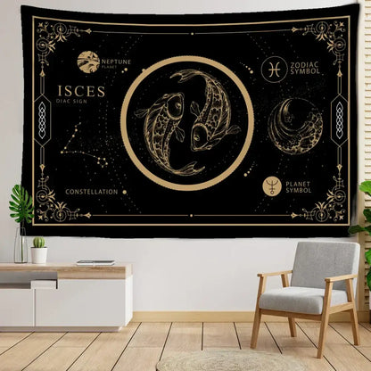 Black and gold Pisces constellation tarot tapestry featuring intricate celestial designs for decorbites constellation tarot decor