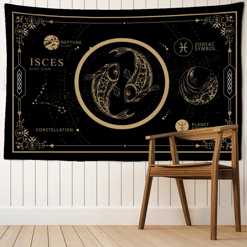 Black and gold pisces constellation tarot tapestry with intricate celestial designs for decorbites constellation tarot bedroom decor