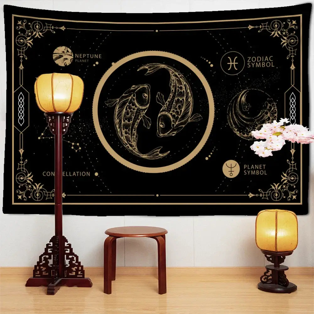 Celestial black and gold pisces constellation tarot tapestry with intricate celestial designs for decorbites constellation decorbites constellation tarot