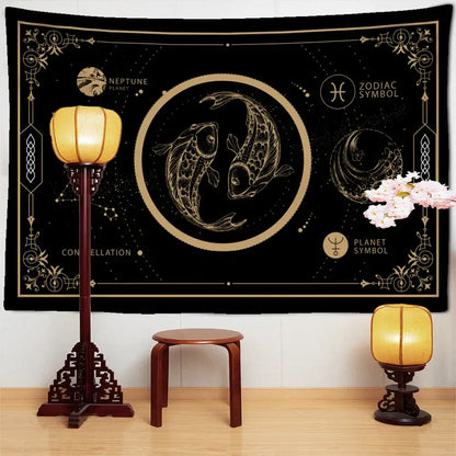 Celestial black and gold pisces constellation tarot tapestry with intricate celestial designs for decorbites constellation decorbites constellation tarot