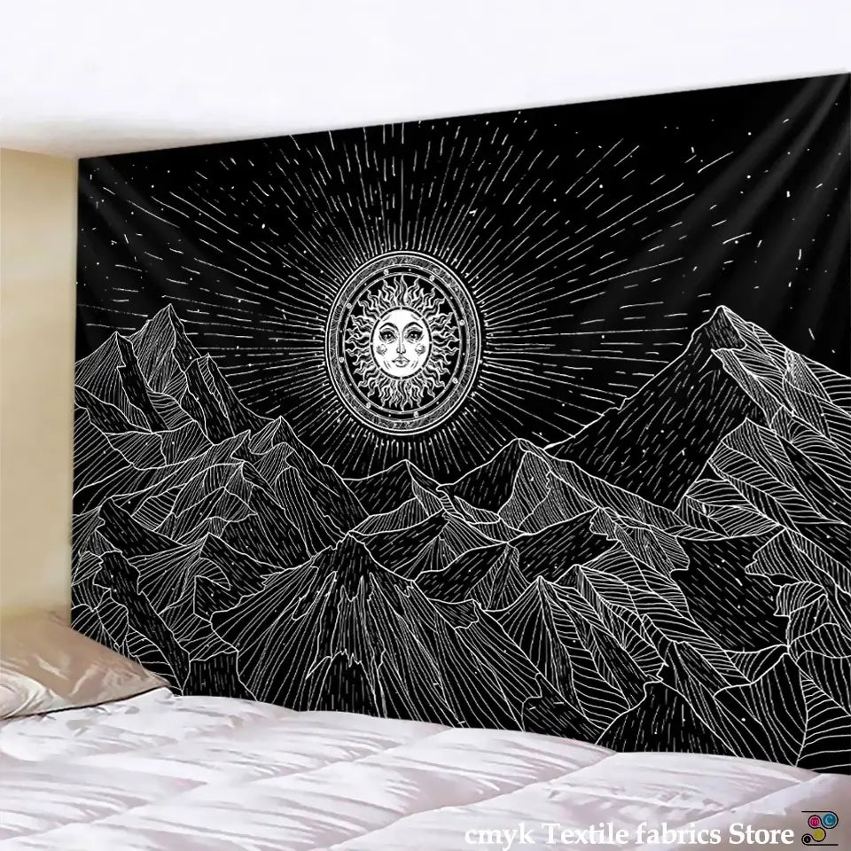 Celestial black and white stars mandala tapestry featuring a radiant sun face with intricate white stars mandala details for bedroom decor