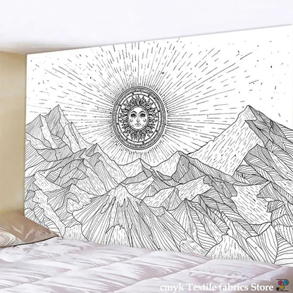 Black and white stars mandala tapestry featuring a radiant sun with facial features above mountain peaks for wall decor