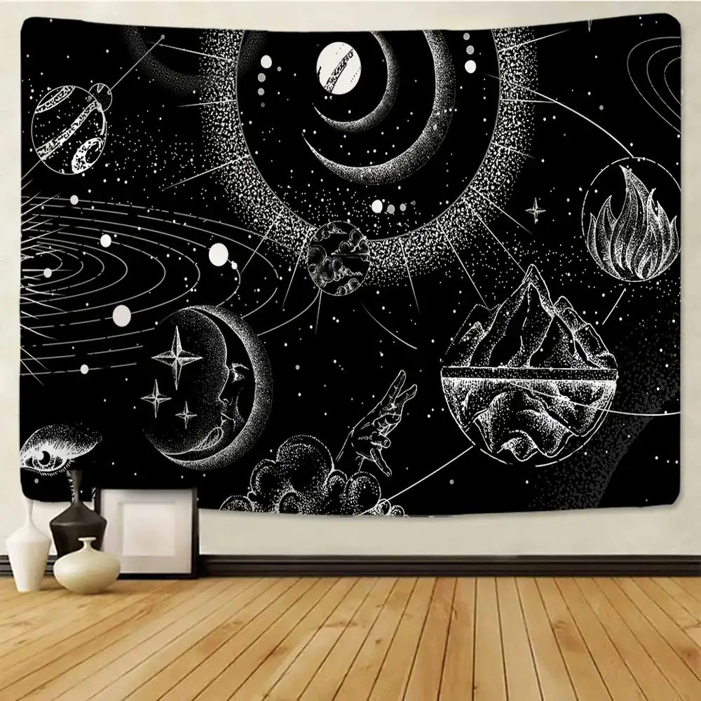Celestial black and white stars mandala tapestry featuring intricate planets moons hand gesture flames eye for bedroom wall decor