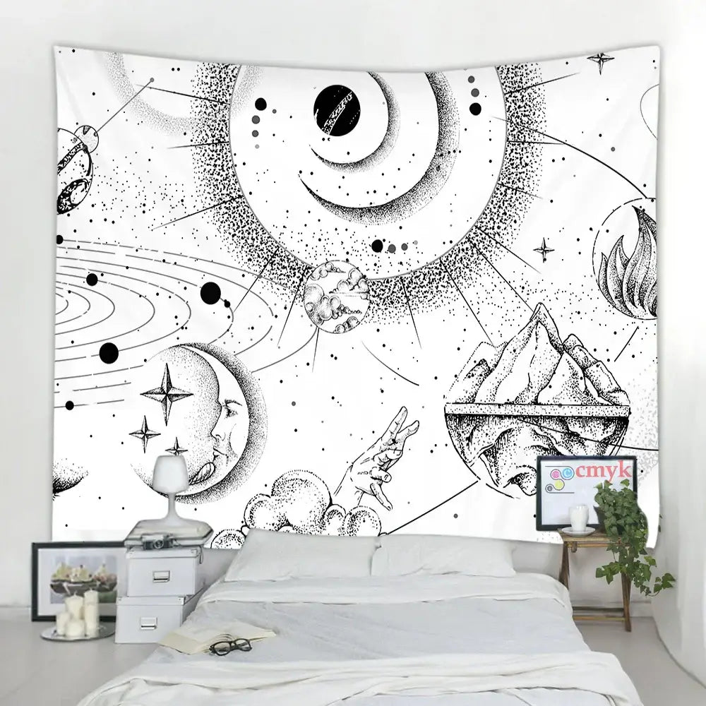 Celestial black and white stars mandala tapestry featuring intricate dotwork of planets moons and a smiling sun for bedroom decor