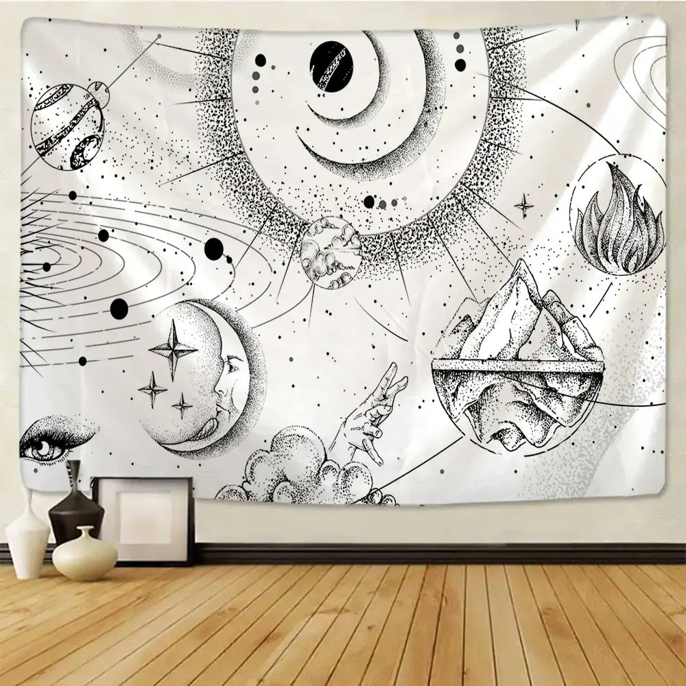 Celestial black and white stars mandala tapestry with intricate line art of planets moons and a stylized eye on white background
