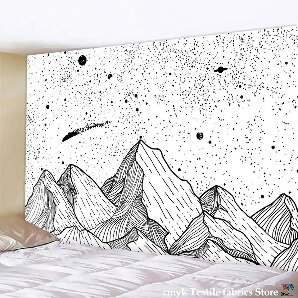 Celestial black and white stars mandala tapestry featuring an illustrated mountain landscape with white stars design