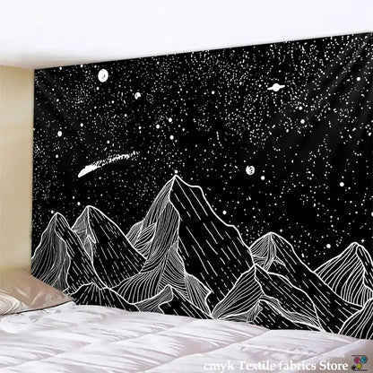 Celestial black and white stars mandala tapestry featuring stylized mountain peaks under white stars for bedroom decor