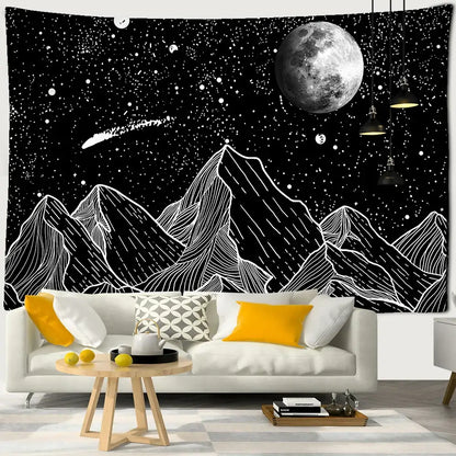 Celestial black and white stars mandala tapestry featuring detailed moon white stars and stylized mountain range wall decor