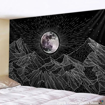 Celestial black and white stars mandala tapestry featuring a detailed moon with white stars mandala for bedroom wall decor