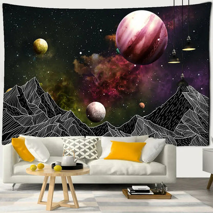 Celestial black and white stars mandala tapestry featuring vibrant nebula planets and outlined mountains for bedroom decor