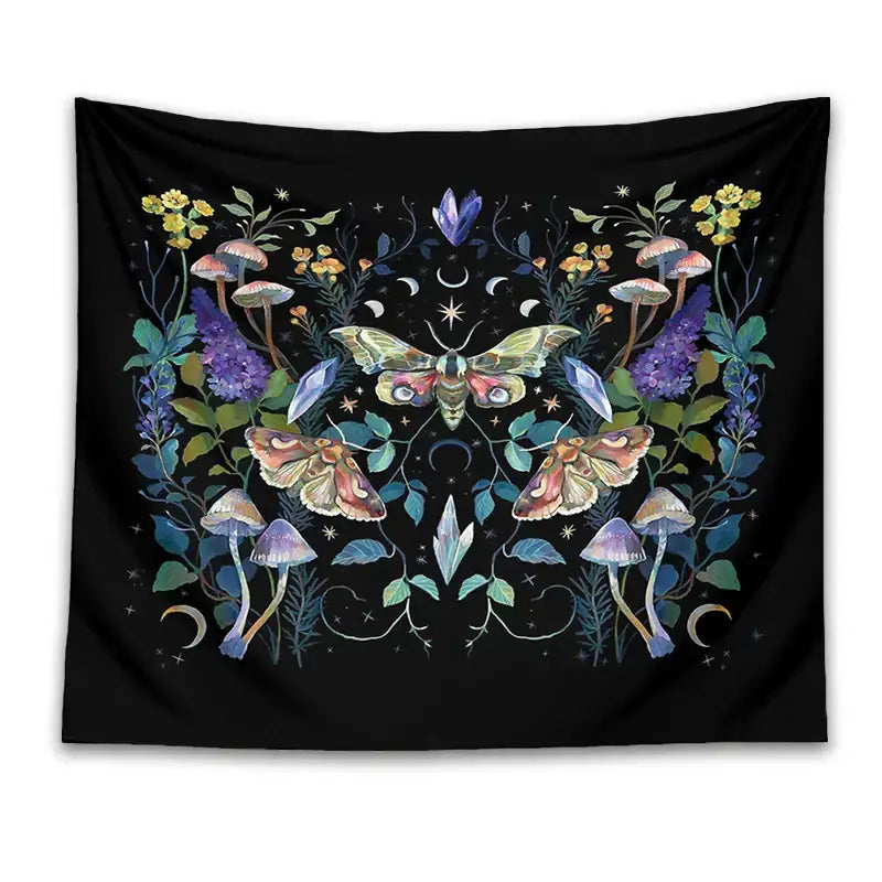 Black celestial botanical tapestry wall hanging featuring colorful moths mushrooms flowers and crystals for bedroom decor