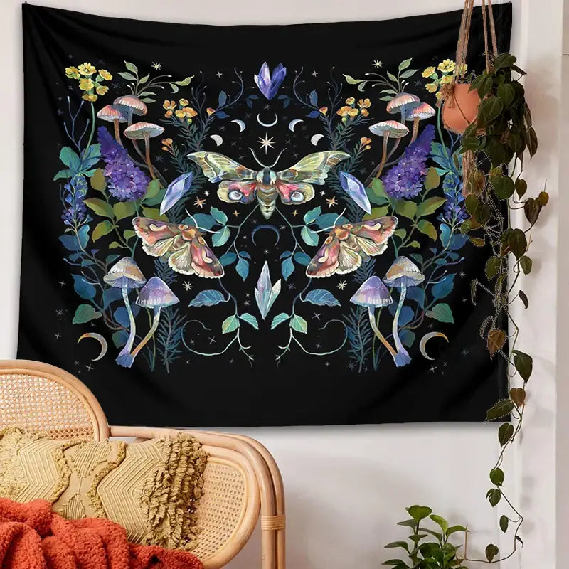 Black celestial botanical tapestry wall hanging with colorful moths mushrooms and floral patterns for bedroom decor