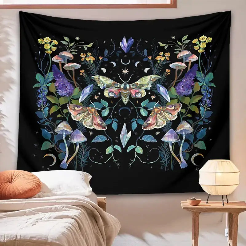 Black celestial botanical tapestry wall hanging with colorful moths mushrooms and mystical botanical decor for bedroom