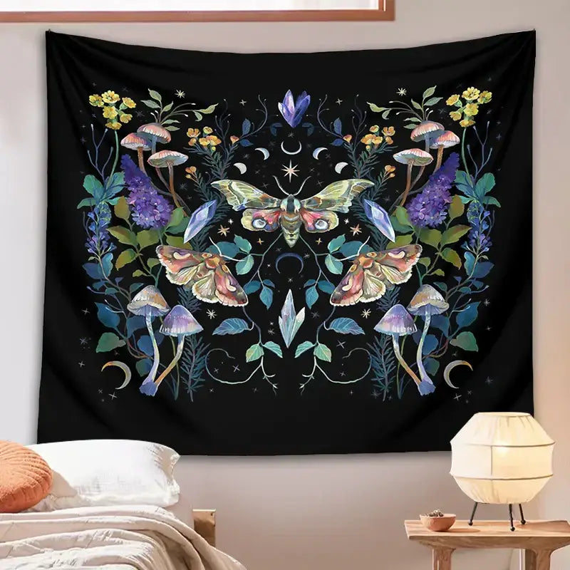 Black celestial botanical tapestry wall hanging featuring vibrant moths mushrooms and floral design for bedroom decor