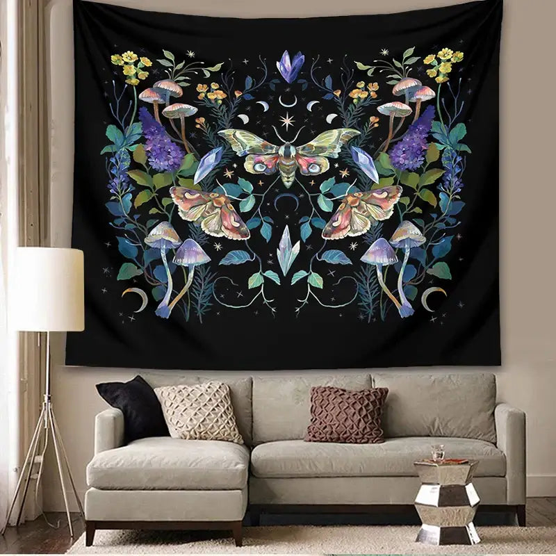 A decorbites celestial botanical tapestry wall hanging with colorful moths mushrooms and floral patterns on black fabric