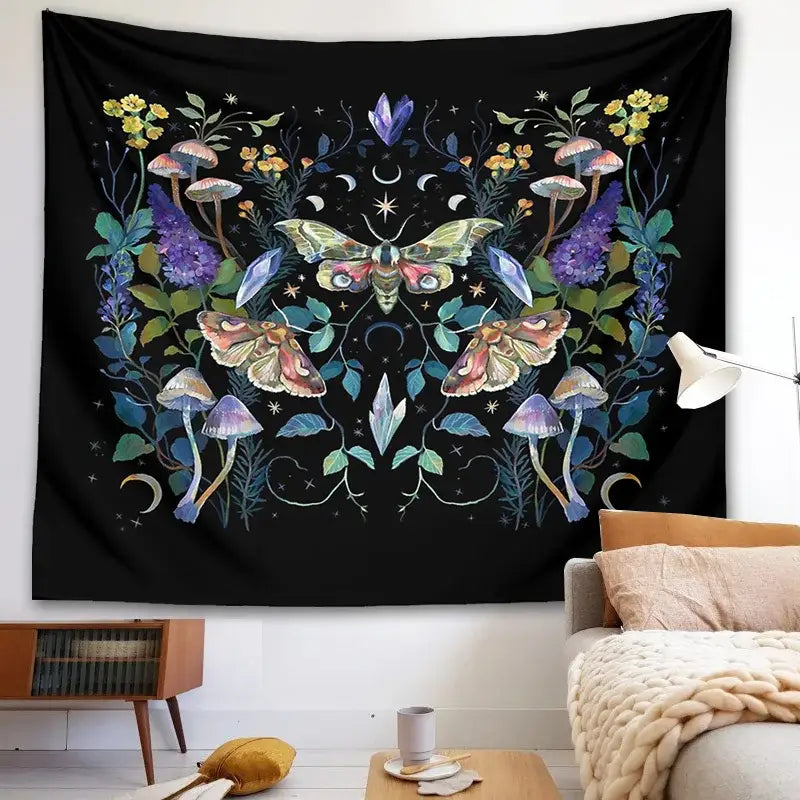 Black celestial botanical tapestry wall hanging with vibrant purple green yellow and blue moth and mushroom design decorbites celestial botanical