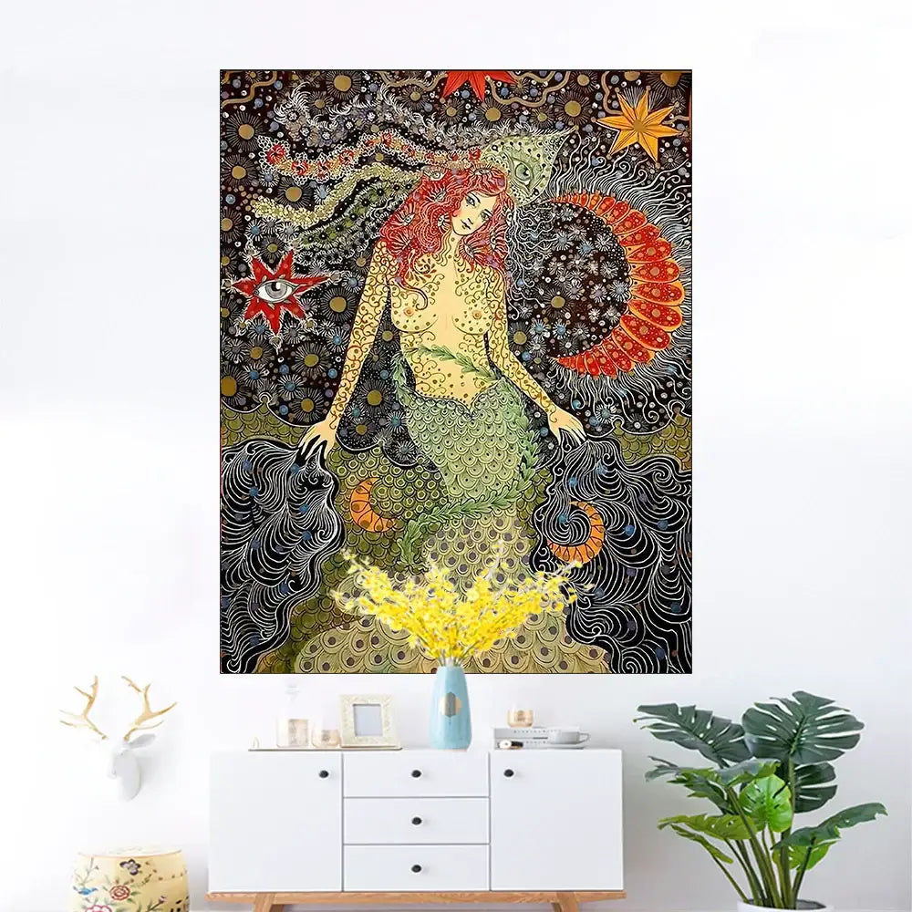 Vibrant celestial floral wall hanging featuring a red-haired mermaid with green scales and starry night decorbites celestial floral decor