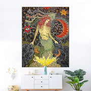 Vibrant celestial floral wall hanging featuring a red-haired mermaid with green scales and starry night decorbites celestial floral decor