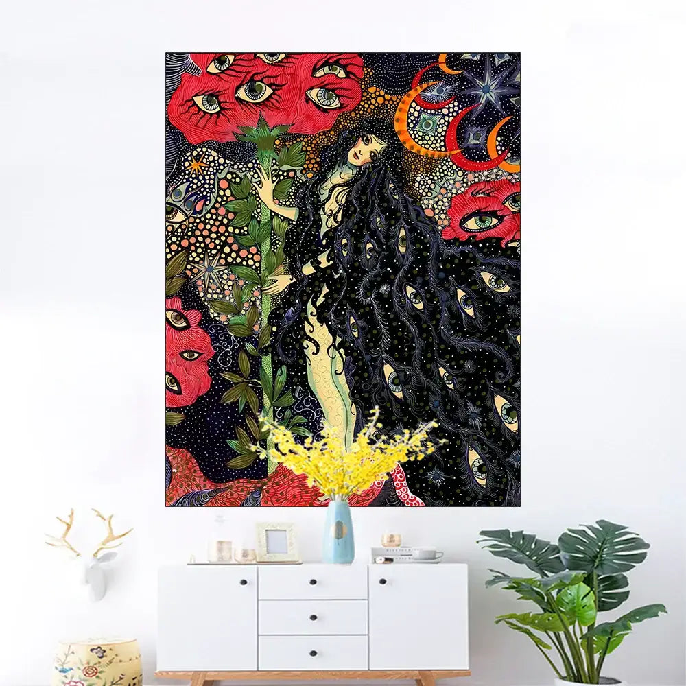 Celestial floral wall hanging tapestry with vibrant psychedelic mermaid and red floral motifs for hippie bedroom decor