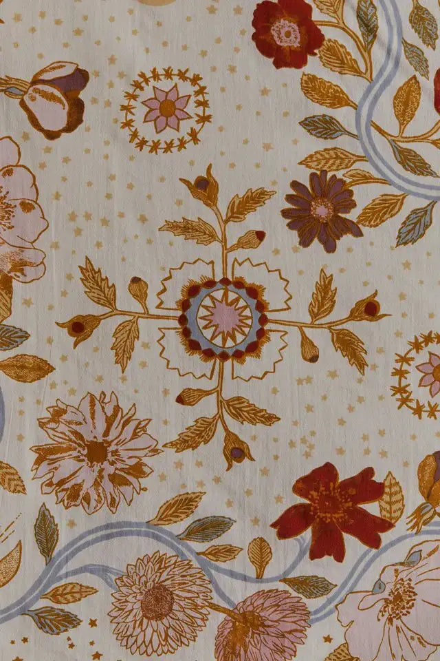 Cream-colored celestial floral moon phase tapestry with intricate red pink gold blossoms and star motifs for decorbites decor