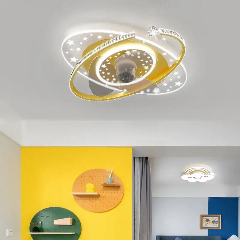 Celestial golden starlight ceiling fan light with gold and white galaxy-inspired rings and crystal decorbites ceiling fan accents