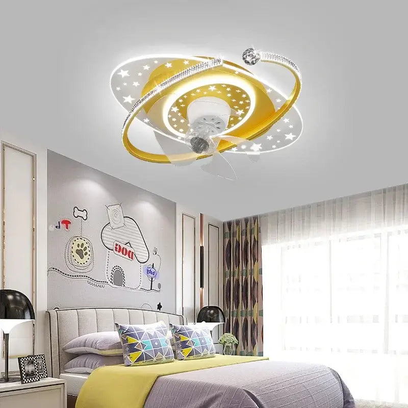 Celestial golden starlight ceiling fan light with glowing star accents and crystal decorbites ceiling fan for bedroom decor