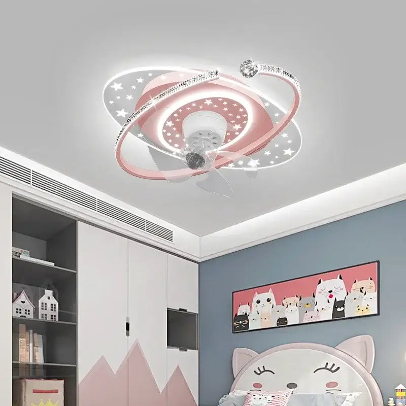 Celestial golden starlight ceiling fan light with pink and white galaxy design and crystal accents for decorbites ceiling fan decor