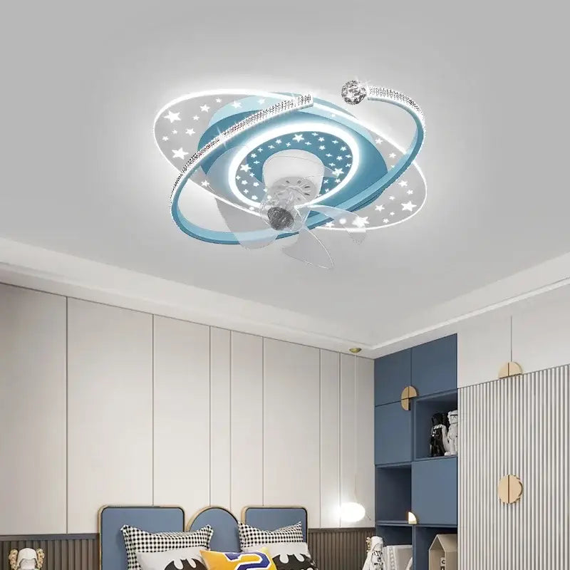 Celestial golden starlight ceiling fan light with blue and white galaxy design and LED lighting for bedroom decorbites ceiling fan