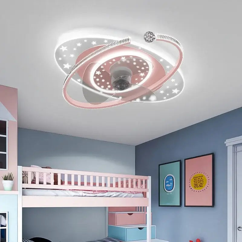 Celestial golden starlight ceiling fan light with pink and white galaxy design and sparkling crystal decorbites ceiling fan