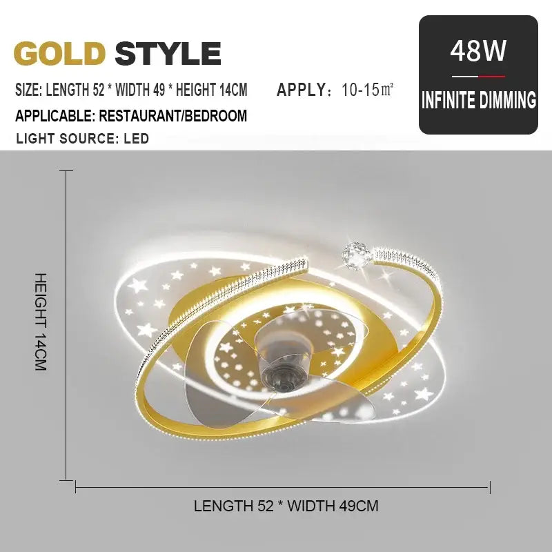 Gold-colored ceiling fan light with modern swirling design, star patterns, and crystal accents for bedroom decorbites ceiling fan