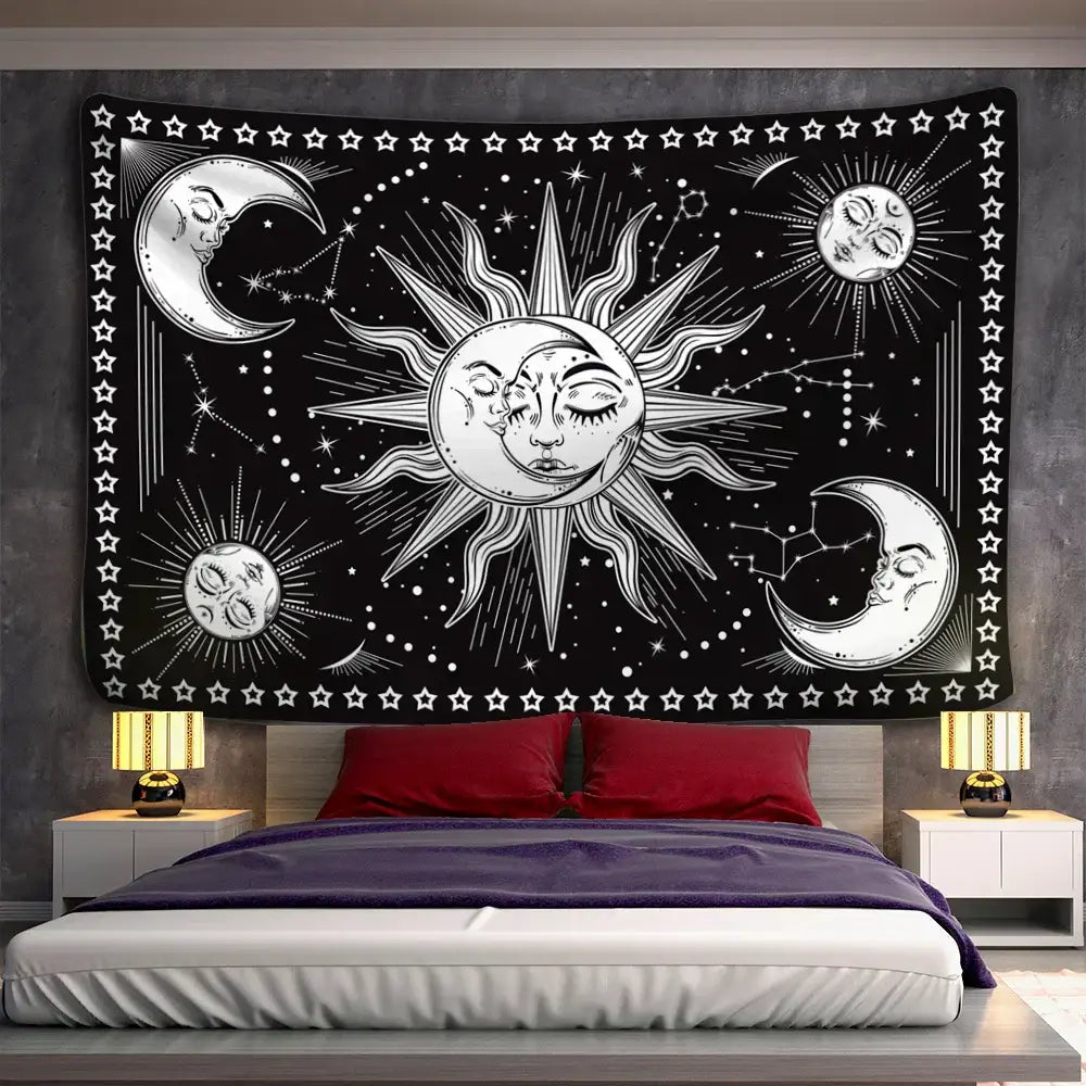 Black tapestry wall hanging with intricate white celestial mandala hippie sun moon stars decorbites celestial mandala decor