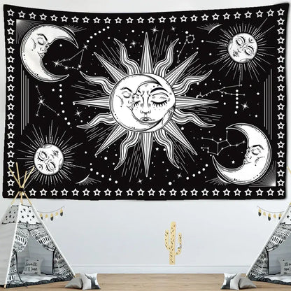 Black and white celestial mandala hippie wall hanging tapestry with stylized sun moon stars for bedroom decorbites decor