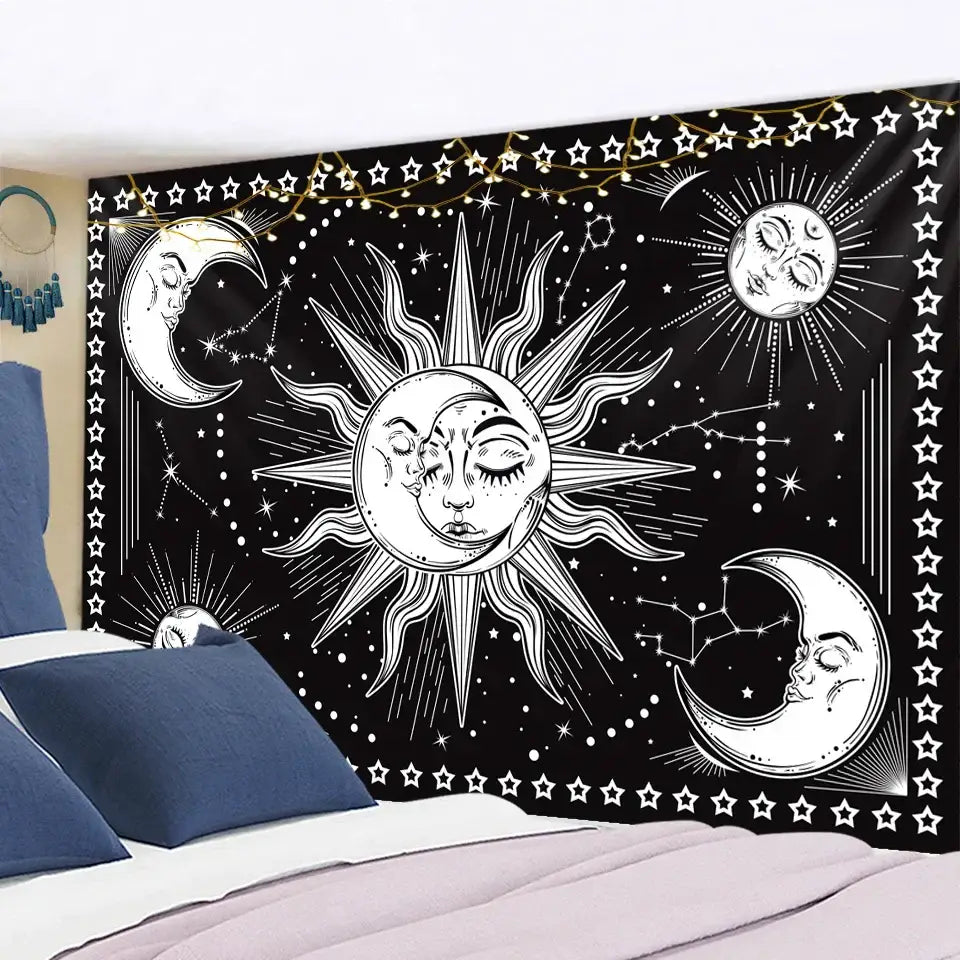 Black and white wall hanging decorbites celestial mandala featuring sun moon phases and stars for hippie bedroom decor