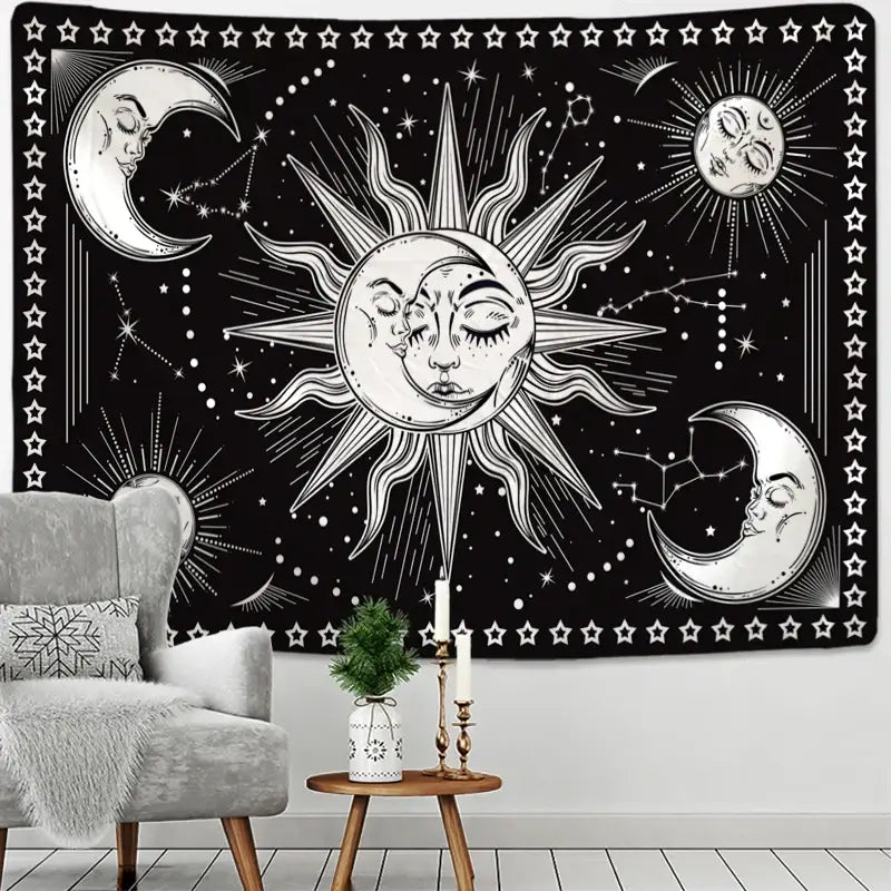 Black and white wall hanging decorbites celestial mandala tapestry featuring sun moon phases stars and constellations