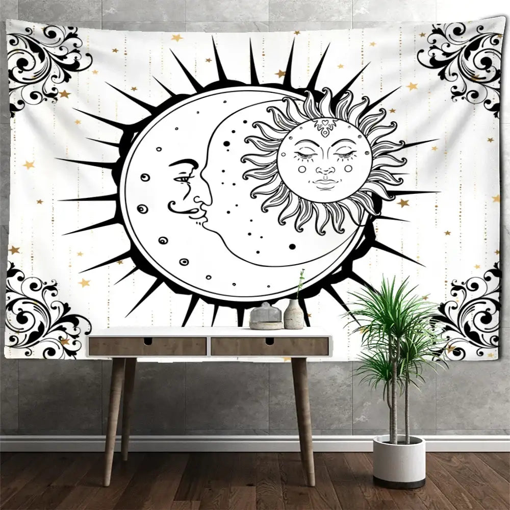 White tapestry wall hanging with black line-art sun and moon faces and gold stars decorbites celestial mandala hippie decor