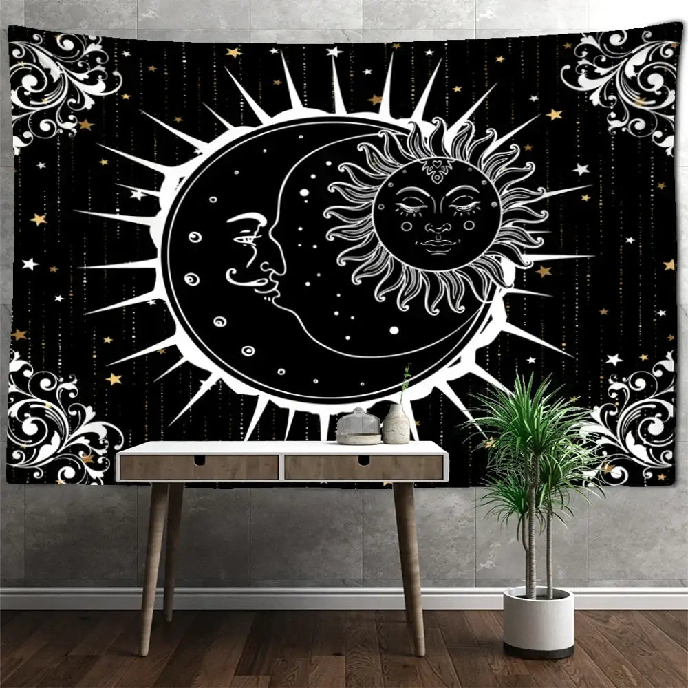 Black and white celestial mandala hippie wall hanging featuring stylized sun and moon with gold stars decorbites celestial mandala