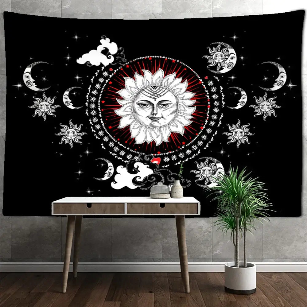 Black tapestry wall hanging featuring decorbites celestial mandala with white sun red rays moons and stars for bedroom decor