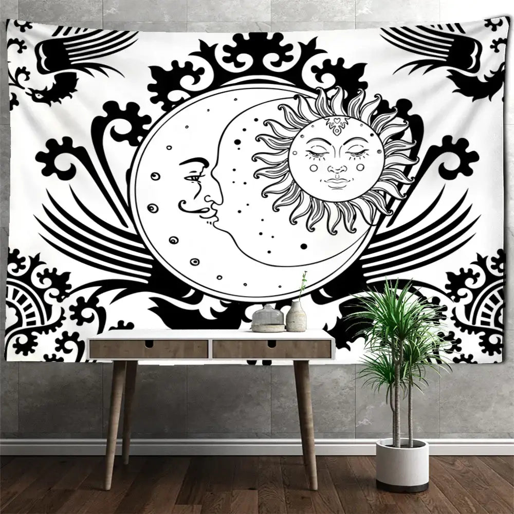 Black and white celestial mandala hippie wall hanging tapestry featuring intricate sun and moon faces with swirling patterns