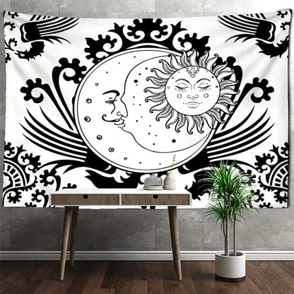 Black and white celestial mandala hippie wall hanging tapestry featuring intricate sun and moon faces with swirling patterns