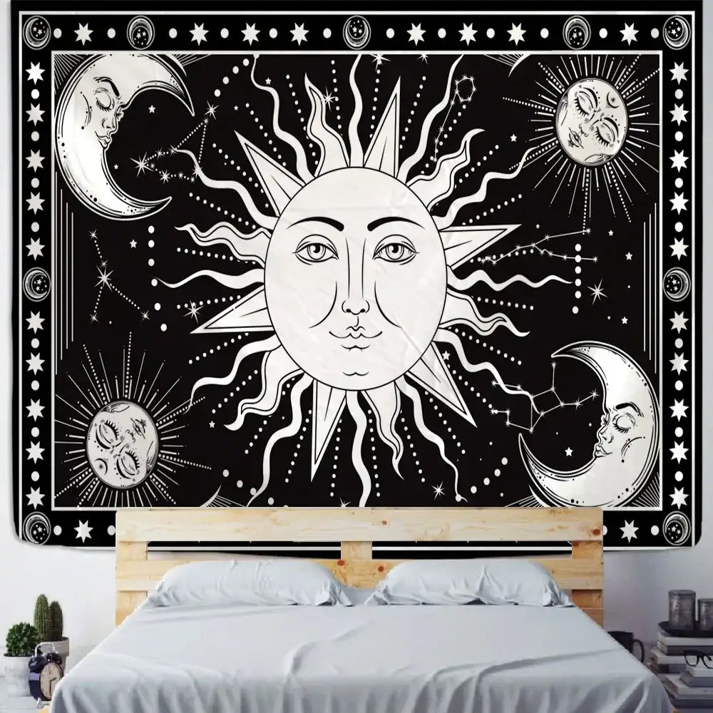 Black and white celestial mandala hippie wall hanging with sun face crescent moons stars for decorbites bedroom tapestry