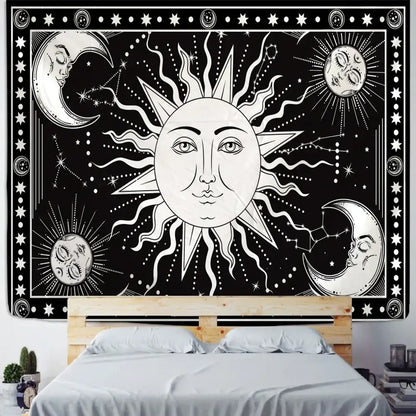 Black and white celestial mandala hippie wall hanging with sun face crescent moons stars for decorbites bedroom tapestry